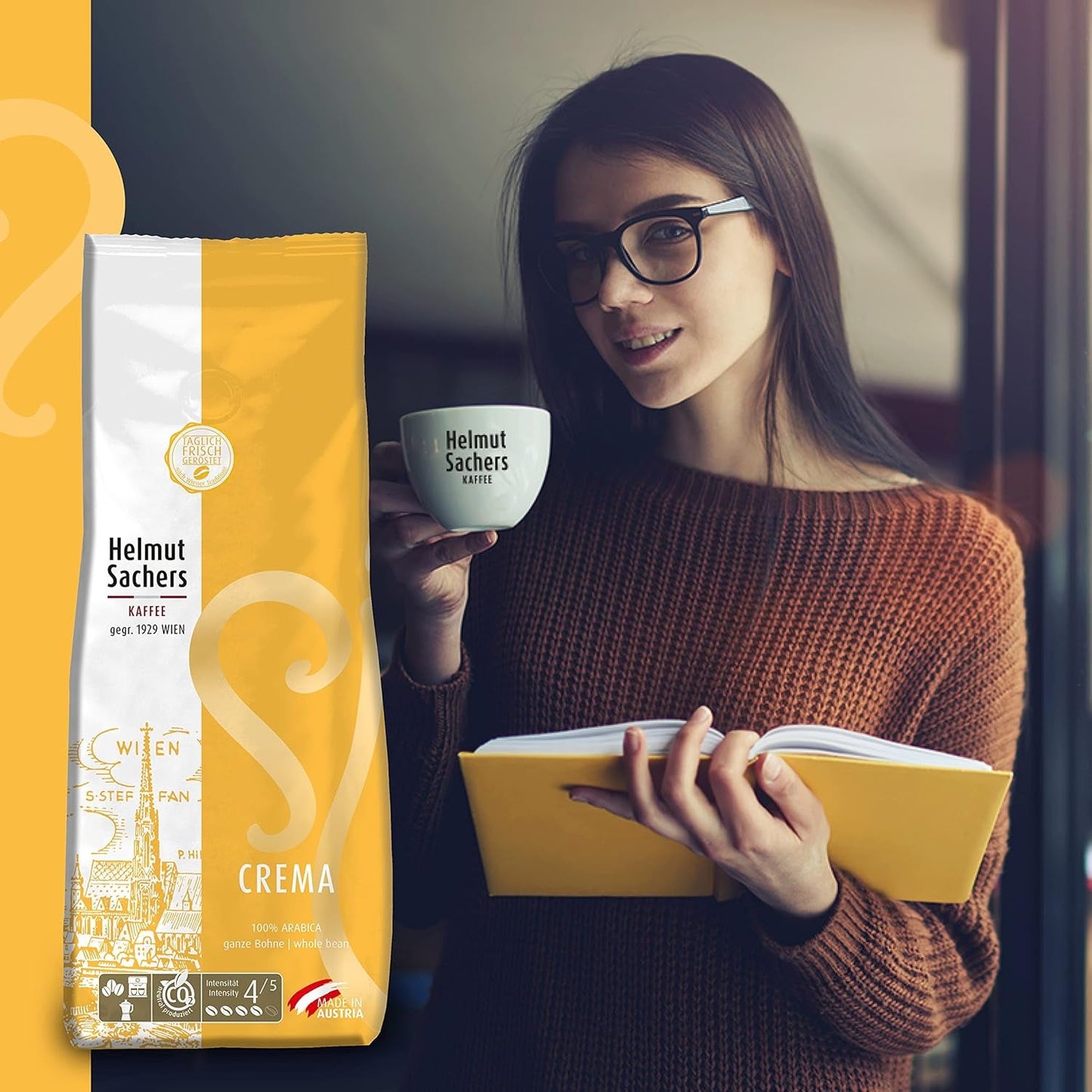 Café Helmut Sachers - Crema, concentración 4/5, 100% Arábica, granos de café enteros, 6 x 500 g