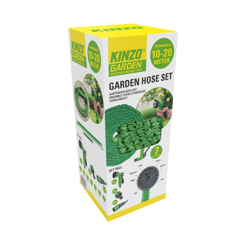 Manguera de jardín flexible Kinzo 20 m - incl. Accesorio para manguera - Manguera flexible con cabezal rociador con 7 posiciones de rociado - Plástico - Verde/Gris