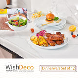 Juego de vajilla de 12 piezas, vajilla de porcelana para 4, vajilla blanca con platos, platos de postre y tazones de cereales
