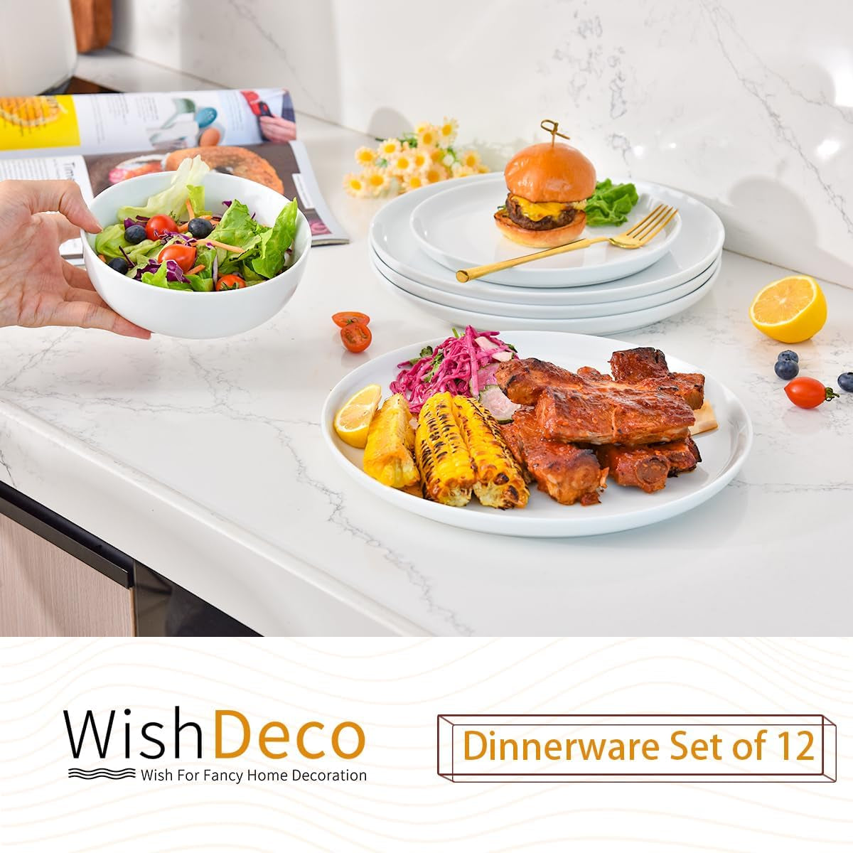 Juego de vajilla de 12 piezas, vajilla de porcelana para 4, vajilla blanca con platos, platos de postre y tazones de cereales