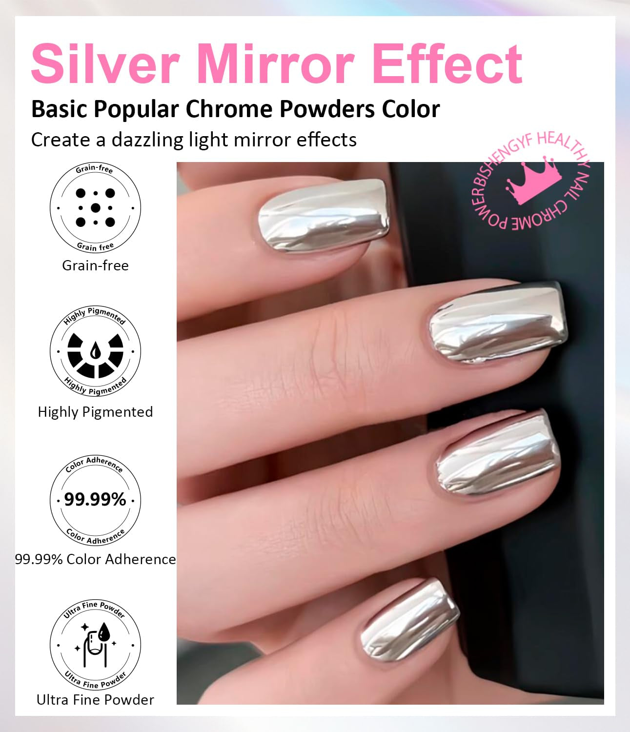 BISHENGYF Polvo de uñas cromado plateado, metal Holo Chromfarbener Nagelpuder, 1G Cromepulver Nägel Glitzer Glänzende Silver Nagelpulver Spiegeleffekt Pigment Nagelkunst, Diy-Design-Dekor Frauen Geschenk