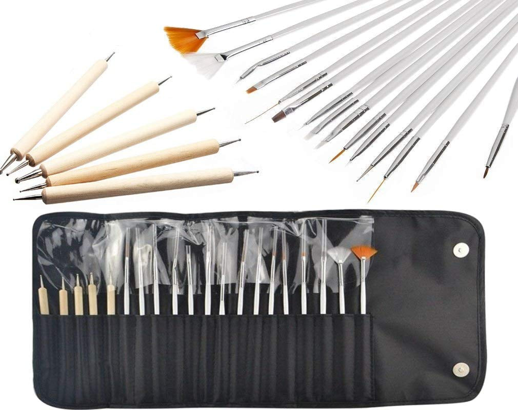 ® 20 X Pinceles Profesionales para Uñas, Gel, Pinceles para Pintar, Pinceles para Artistas, Kit de Pinceles para Uñas Francesas, Juego de Herramientas con Punta Puntiaguda, para Diseño de Uñas, Pintura, Patrón de Puntos, etc., con Bolsa