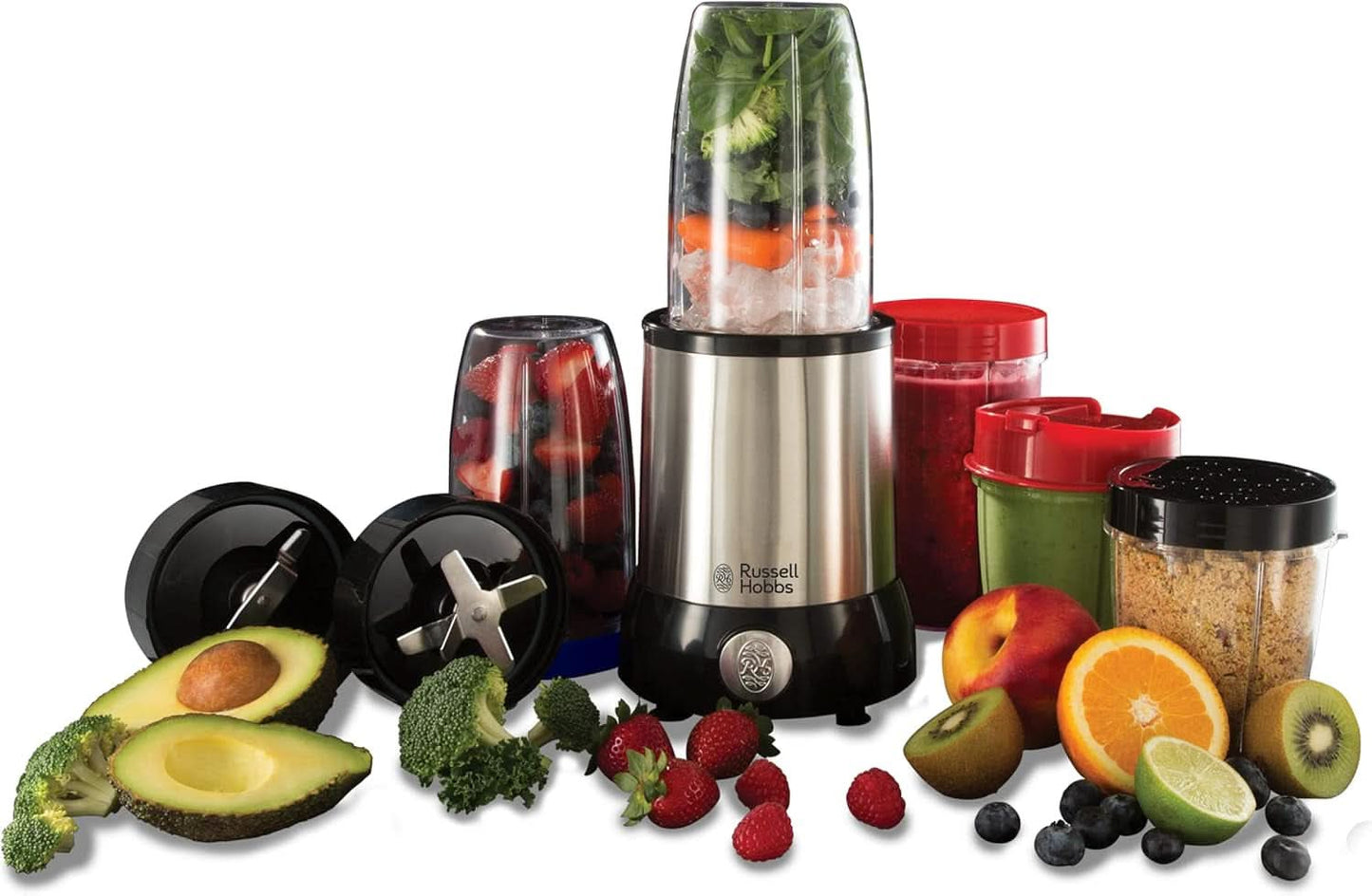 Batidora Russell Hobbs [Multifunción - Batidora de pie] Nutriboost (Inkl. 5 Bpa-Freie Und Spülmaschinengeeignete Behälter + Deckel, 22.000 U/Min, 0,9 Ps-Motor) Elektrischer, Smoothie-Maker 23180-56 Kitchen Naty Shop