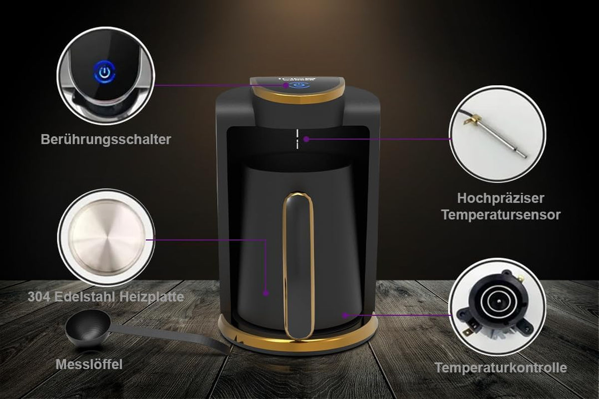 Cafetería turca Inca | Máquinas Türk Kahve | 250ml (1-4 tazas) | 400W | IKM-01 | Protección contra derrames y ebullición sin agua | Placa calefactora de acero inoxidable | Apagado automático | Para un café turco perfecto