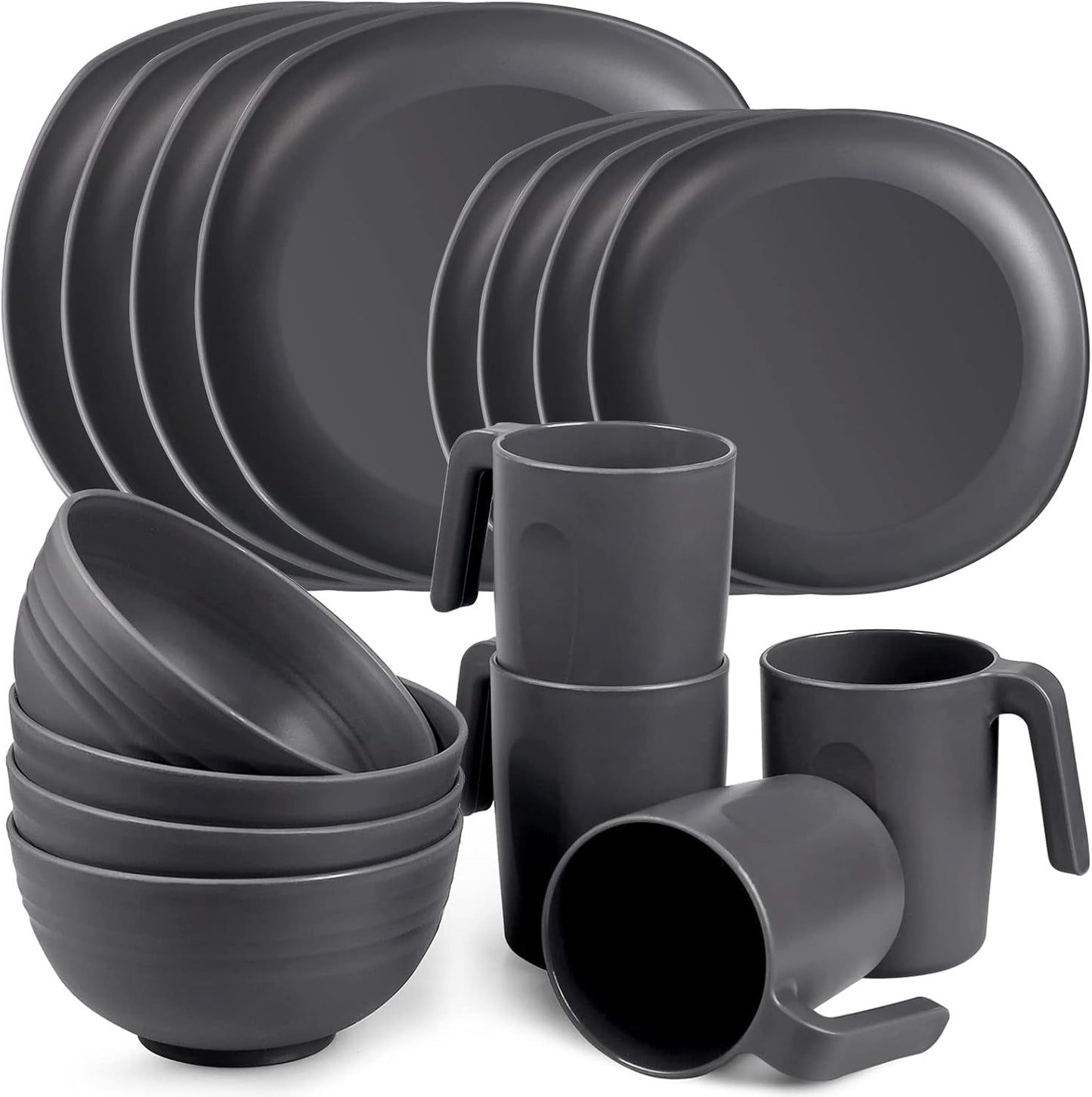 Juego de vajilla de polipropileno | Juego de vajilla ligera e indestructible de 16 piezas para niños y adultos, 4 platos, 4 platos de postre, 4 tazones, 4 tazas, juego combinado para 4