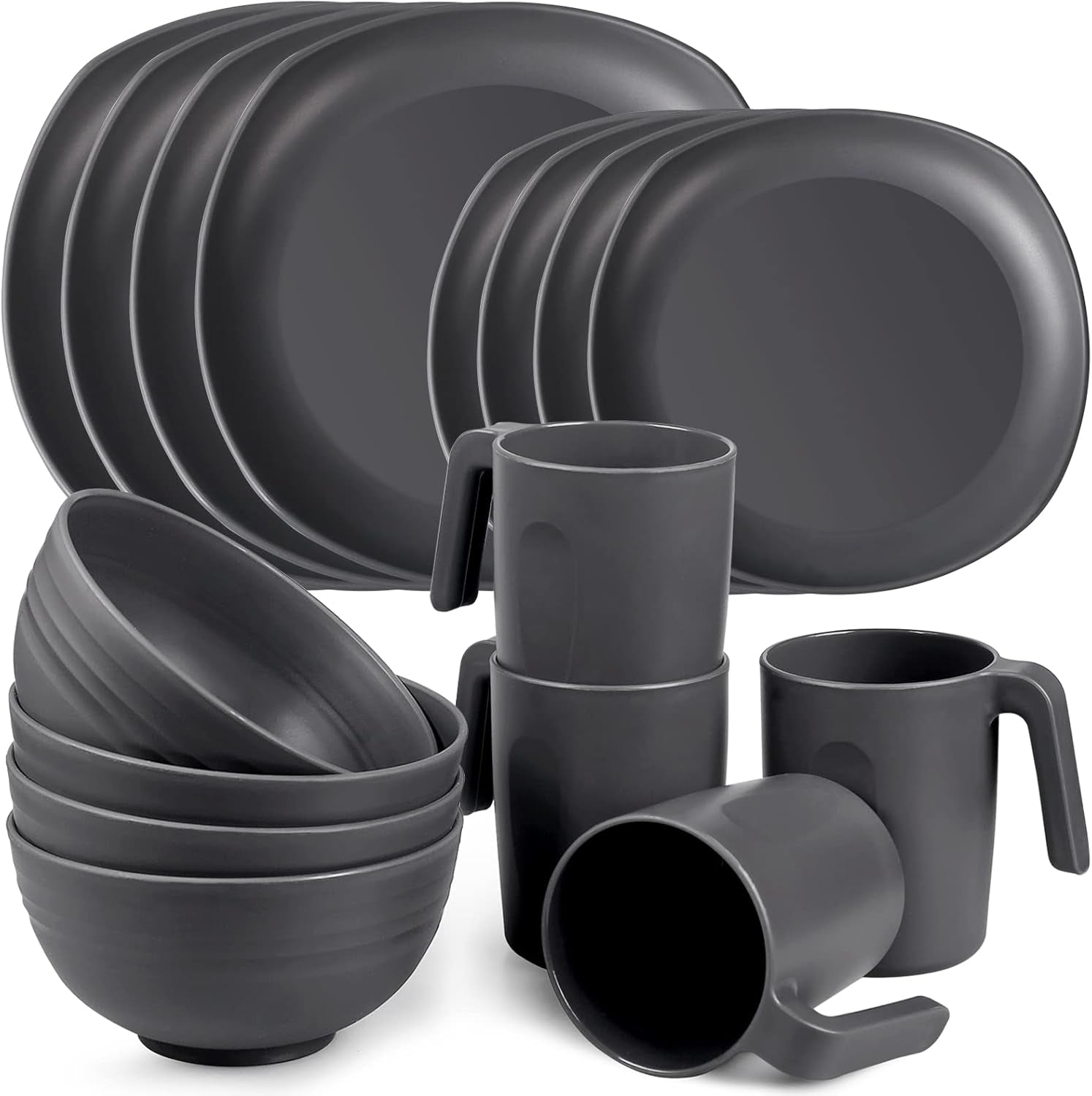 Juego de vajilla de polipropileno | Juego de vajilla ligera e indestructible de 16 piezas para niños y adultos, 4 platos, 4 platos de postre, 4 tazones, 4 tazas, juego combinado para 4