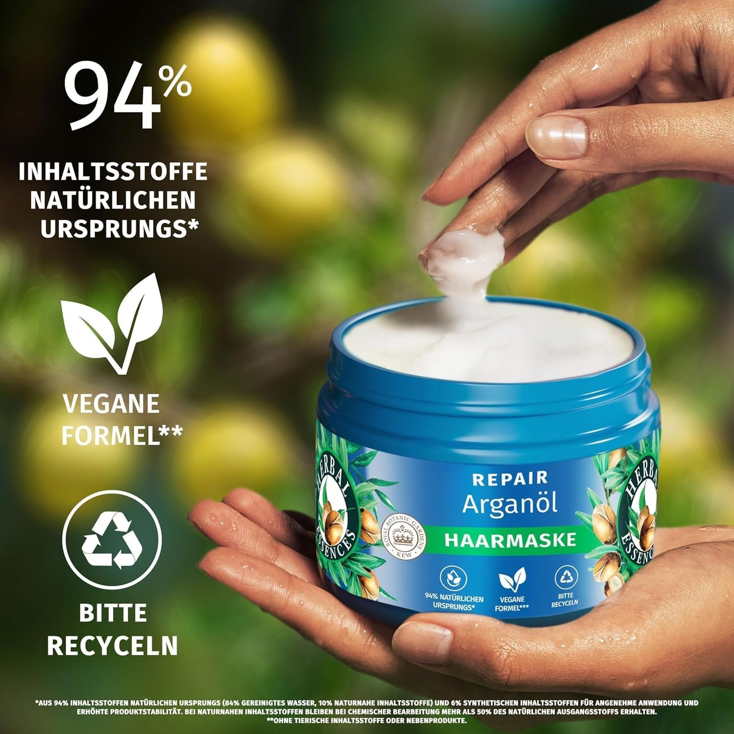 Herbal Essences Mascarilla reparadora capilar con aceite de argán 300ml. Desde cabello dañado hasta cabello más suave y brillante. Cuidados intensivos. Con ingredientes de origen natural. Mascarilla capilar vegana Naty Shop