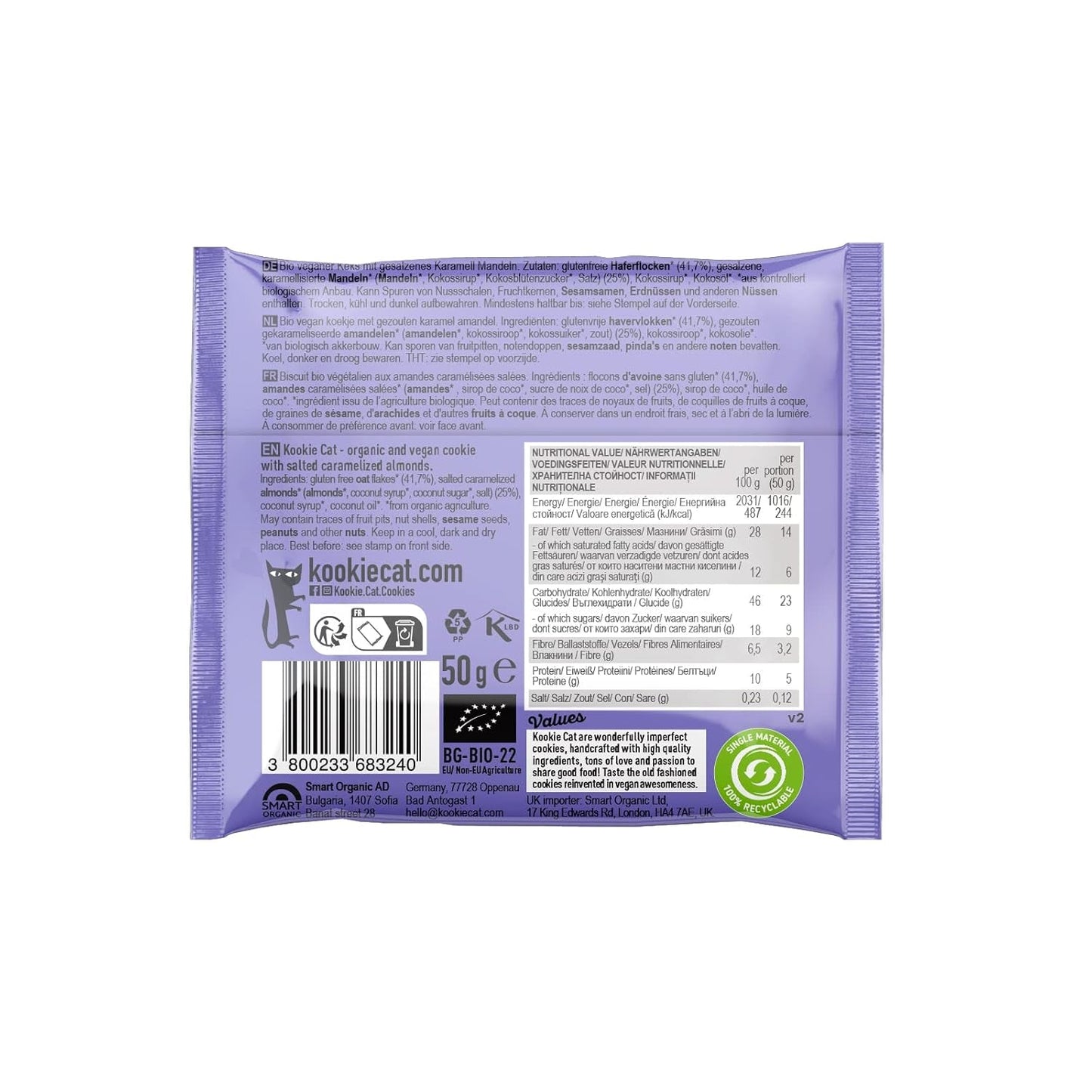 Galletas veganas de almendras y caramelo saladas - Avena de almendras orgánicas, sin gluten, envueltas individualmente, sin soja - Paquete múltiple de 12 x 50 g (paquete de 2)