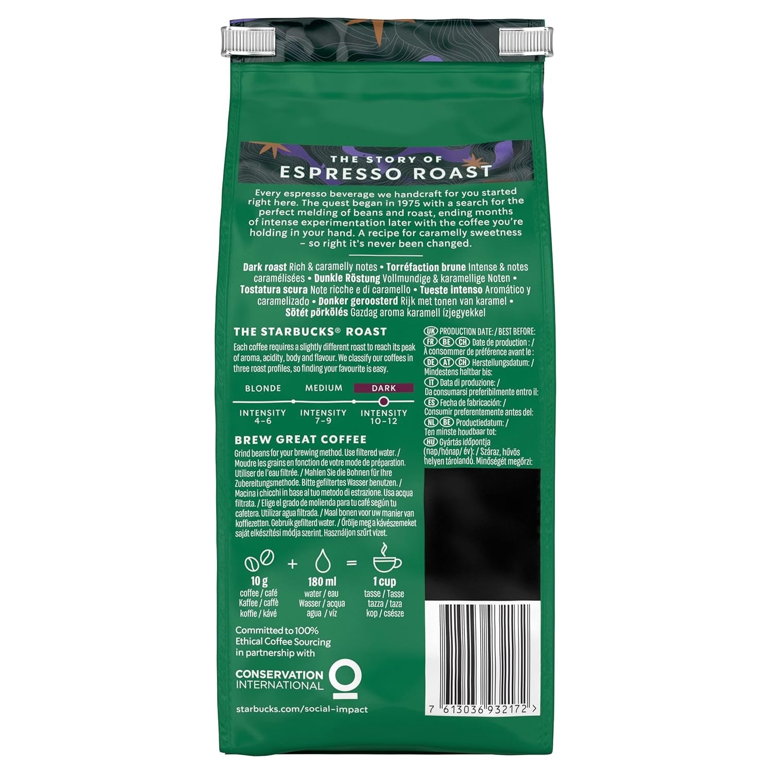 STARBUCKS Espresso Roast, Black Roast, granos de café enteros, 200 g (paquete de 6)