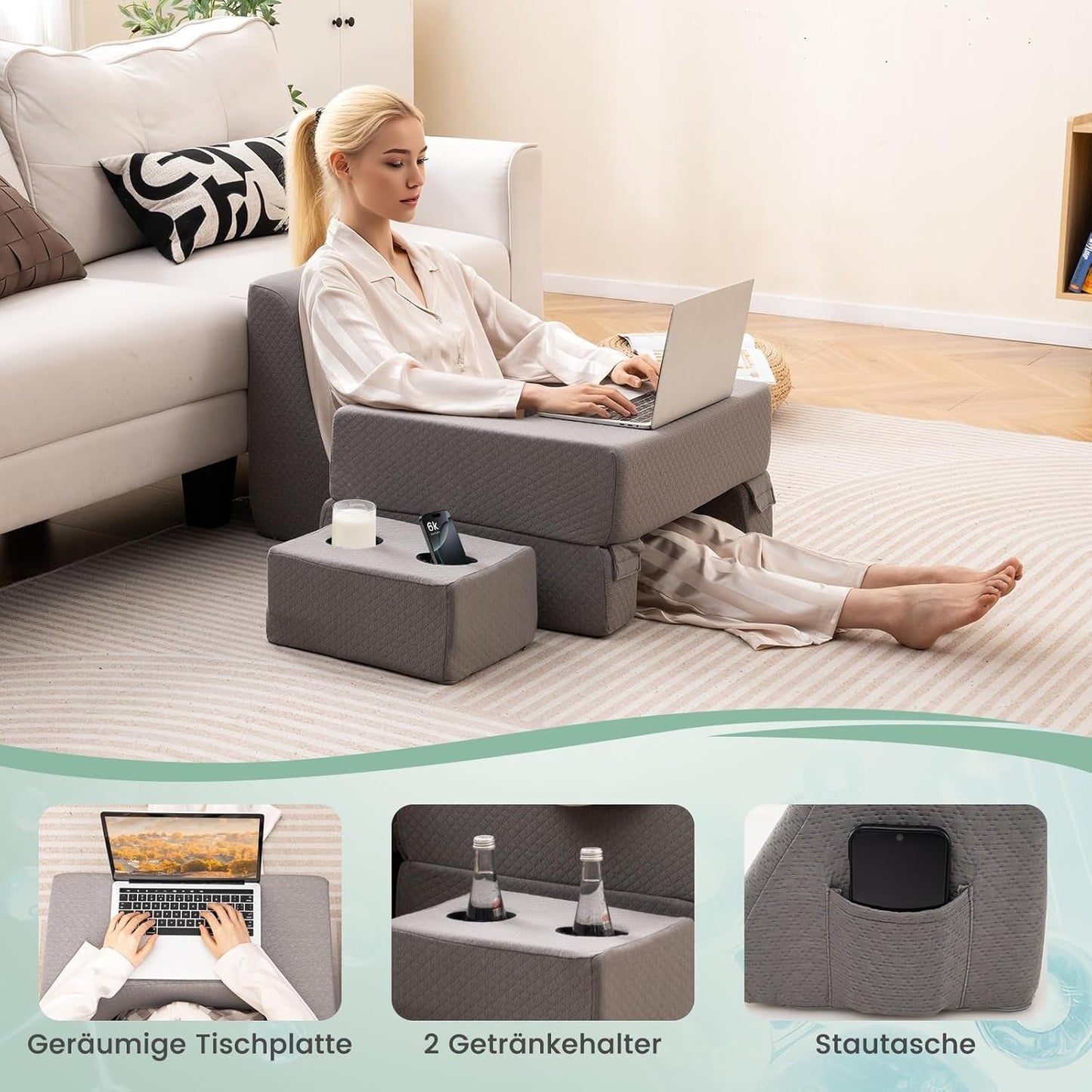Almohada de lectura para cama y sofá, cojín para libros, combinable libremente con soporte para bebidas y funda lavable, almohada de escritorio ajustable para computadora portátil para leer, jugar, trabajar, escribir (gris)