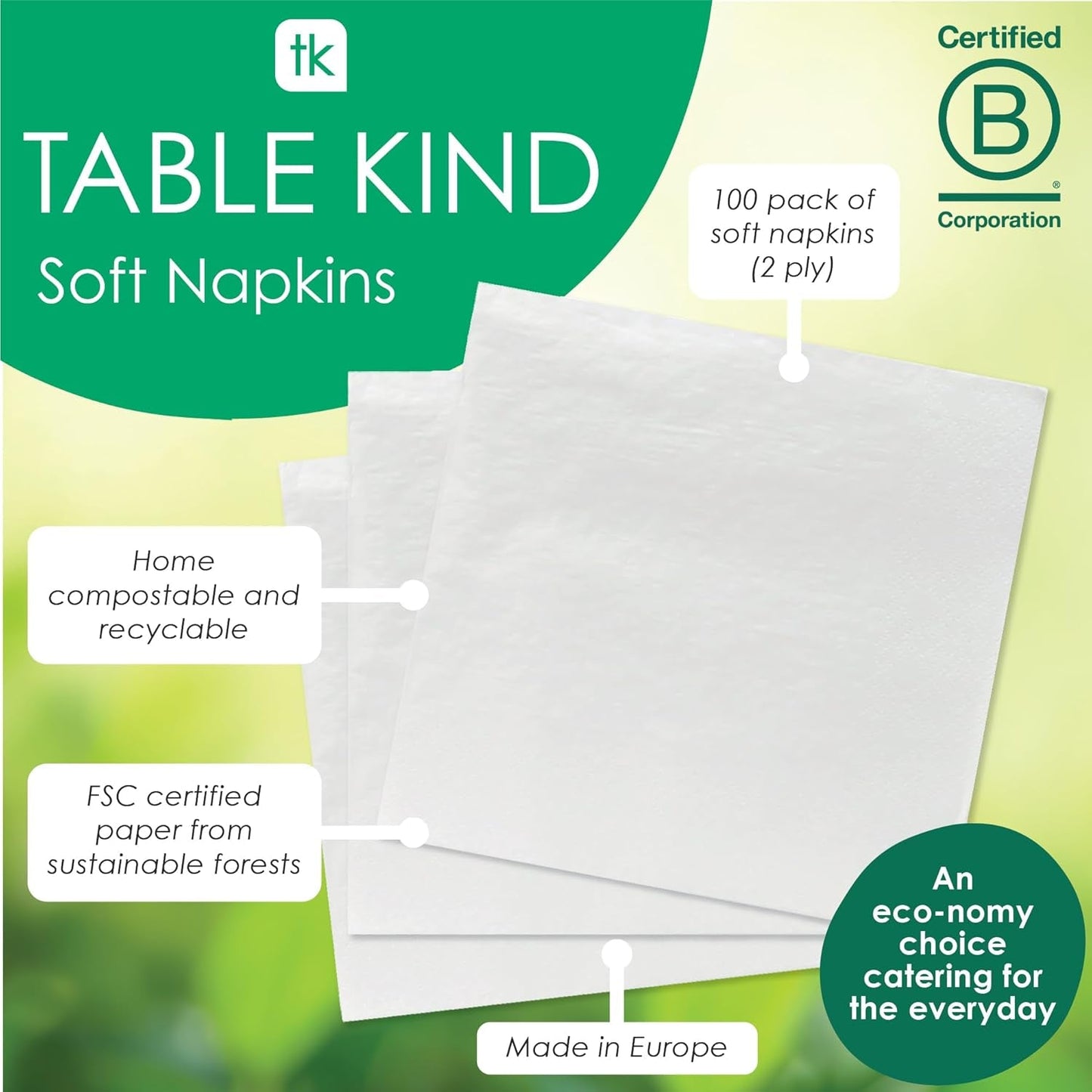Table Kind 100 Servilletas Suaves Blancas a Granel, Servilletas de Alta Calidad para Fiesta, Catering y Uso Diario, FSC, Sostenibles y Reciclables, Fabricadas en la UE | 2 capas | 33cm