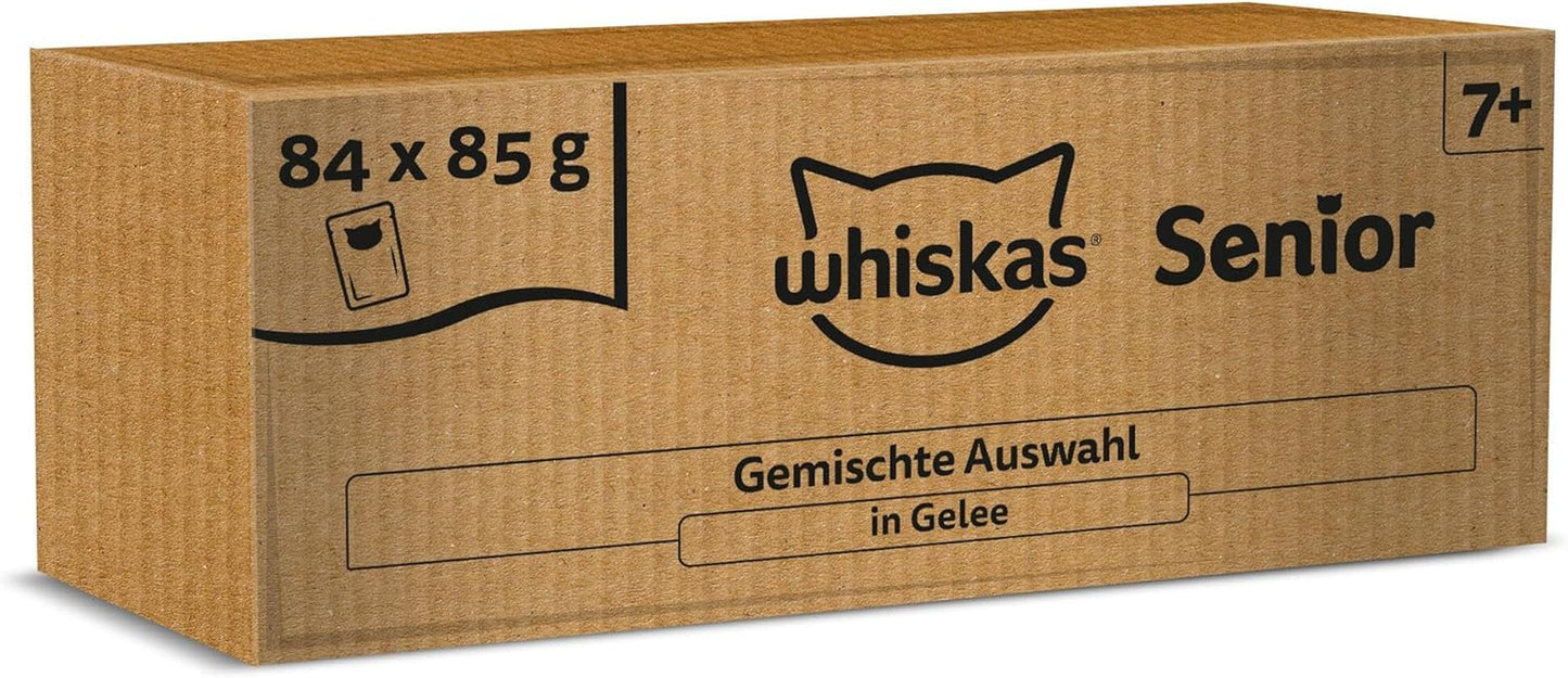 Whiskas Senior 7+ Comida Húmeda Selección Mixta en Gelatina, 84 Sobres, 84x85g (1 Paquete Grande) - Comida húmeda de alta calidad para gatos a partir de 7 años