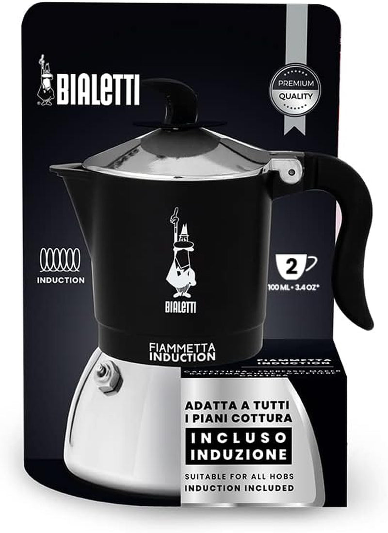 Bialetti Fiammetta Cafetera de inducción, 2 tazas (100 ml), apta para todo tipo de fuegos, diseño elegante, negra