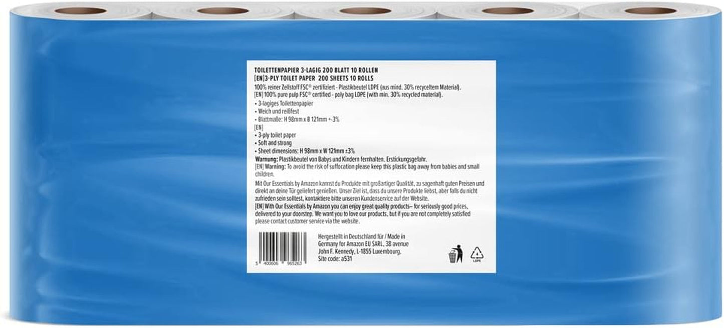Por Amazon Papel higiénico, 3 capas, 10 rollos (10 rollos, 1 paquete) 200 hojas por rollo, certificado Fsc