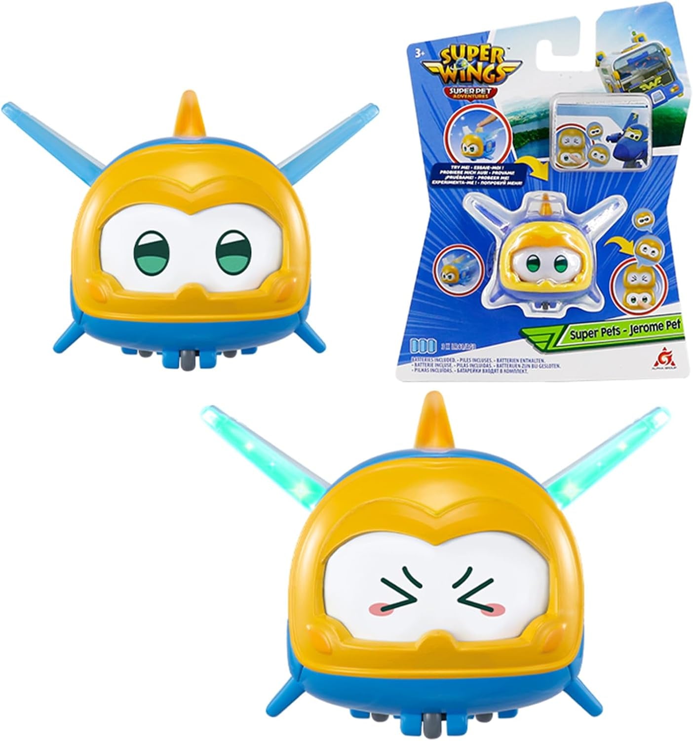 Super Wings Super Pets 4 piezas Shine, Golden Boy, Jerome, Ellie Expresión facial intercambiable Efecto relámpago Juguete portátil para niños de 3 4 5 6 7 8 años Figuras de acción de 2 pulgadas Naty Shop Jerome