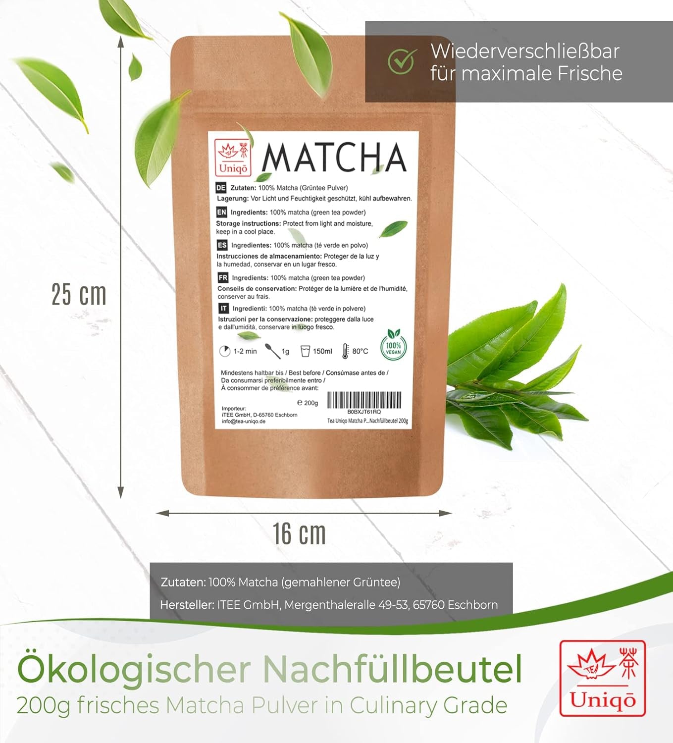 Uniqo Té Matcha en polvo 200 g en envase ecológico recargable