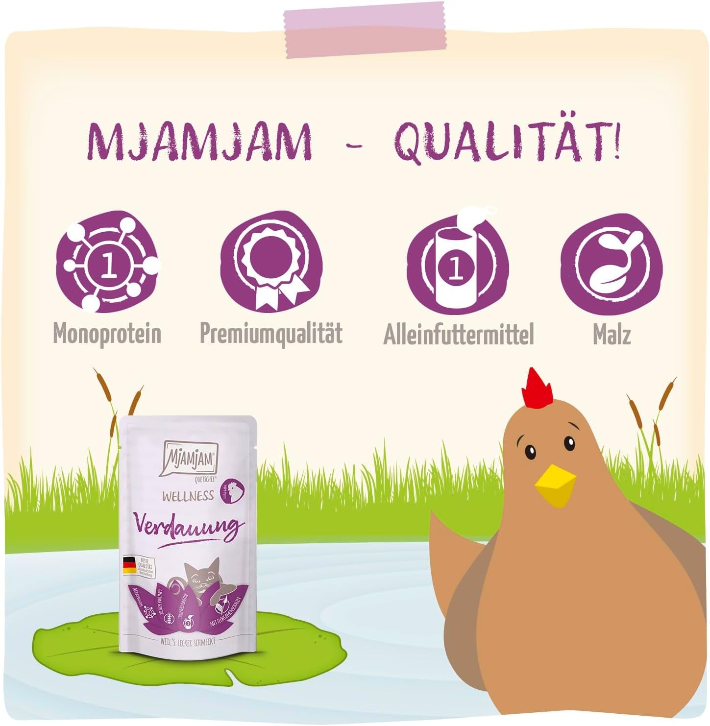 MjAMjAM - Comida húmeda premium para gatos - Bienestar - Digestivo - Pollo, paquete de 12 (12 x 125 g), sin cereales