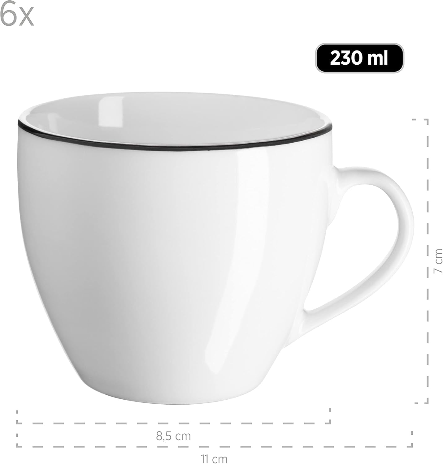 Mäser Serie Nola moderno servicio de café para 6 personas, blanco con borde negro, vajilla de 18 piezas, tazas de café, platillos y platos de postre, servicio de café redondo, juego de café blanco