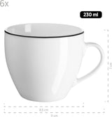 Mäser Serie Nola moderno servicio de café para 6 personas, blanco con borde negro, vajilla de 18 piezas, tazas de café, platillos y platos de postre, servicio de café redondo, juego de café blanco