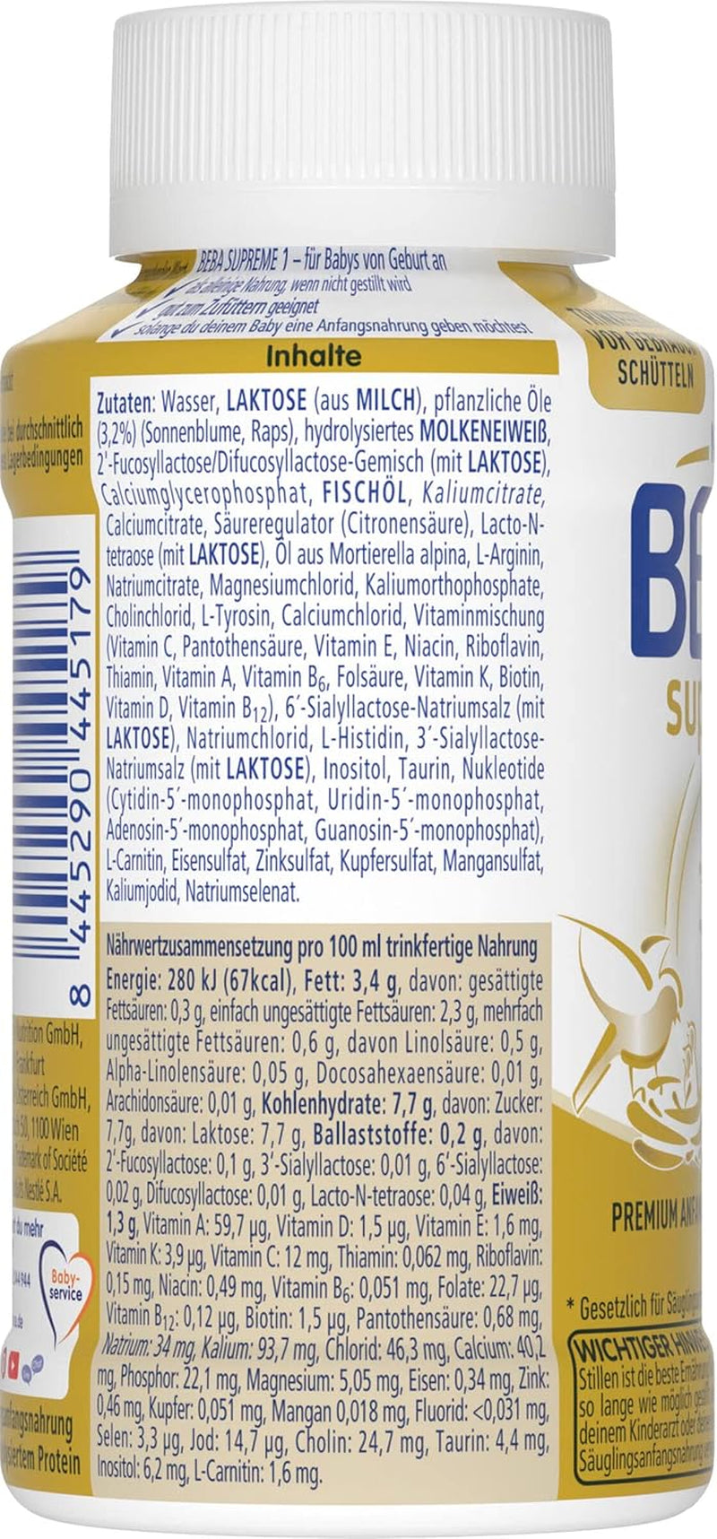 BEBA Nestlé BEBA SUPREME 1 Leche infantil: biberones listos para beber con Omega 3, pack de 4 (1 x 200 ml)