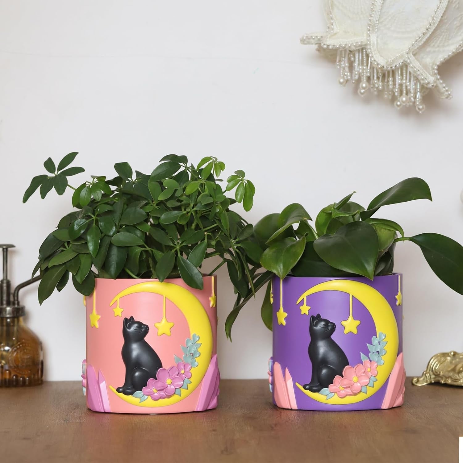GUGUGO Lindas macetas para gatos con forma de luna, maceta única con drenaje, colores del arco iris, macetas pequeñas para plantas de interior, divertidas macetas de jardín suculentas, regalo, decoración del hogar (C)