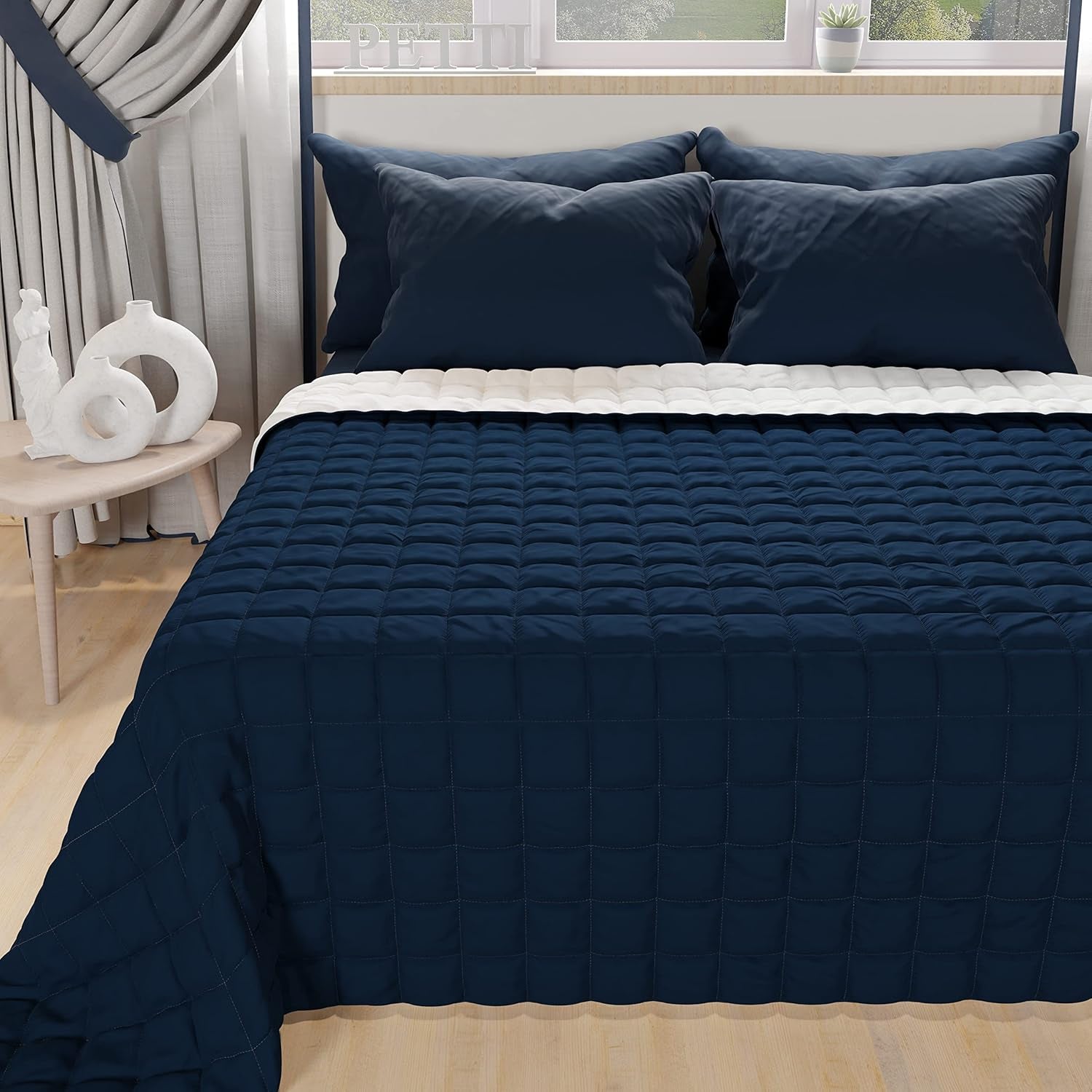 PETTI Artigiani Italiani - Cubrecama individual, colcha doble cara, colcha de muelles, azul medianoche, blanco, 100% Made in Italy Edredones y edredones Naty Shop Azul medianoche Blanco Cama individual