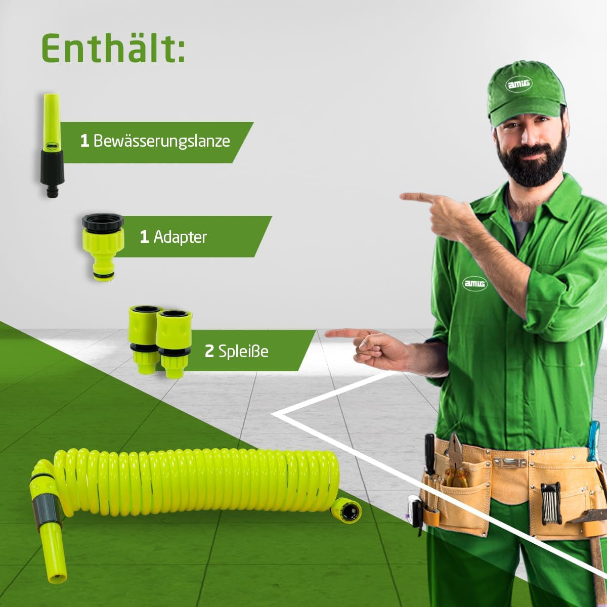 Amig - Manguera en espiral | Fabricado en polipropileno | Extensible hasta 7,5 m | Incluye lanza de riego, adaptador y 2 juntas | Verde pistacho