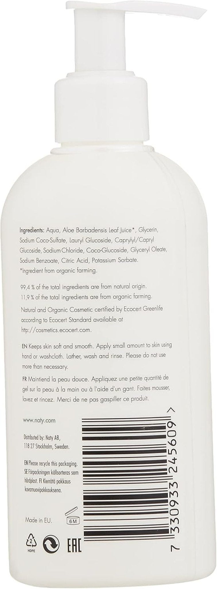 Eco by Naty, gel de ducha para niños, ingredientes orgánicos de origen vegetal con 0% fragancia, hipoalergénico y testado dermatológicamente, frasco de 200 ml Infantil - Baño y Cuidado de la piel Naty Shop