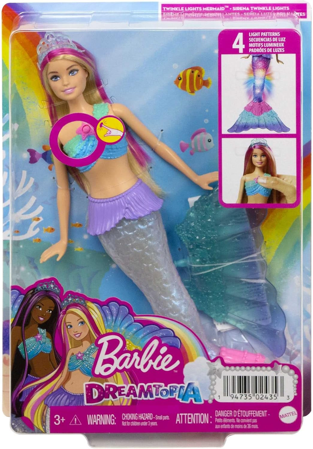 Barbie Dreamtopia Magic Light Sirena Muñeca con Pelo Rubio, Muñeca Barbie con Cola de Sirena, Adecuada como Regalo para Niños a Partir de 3 Años, HDJ36