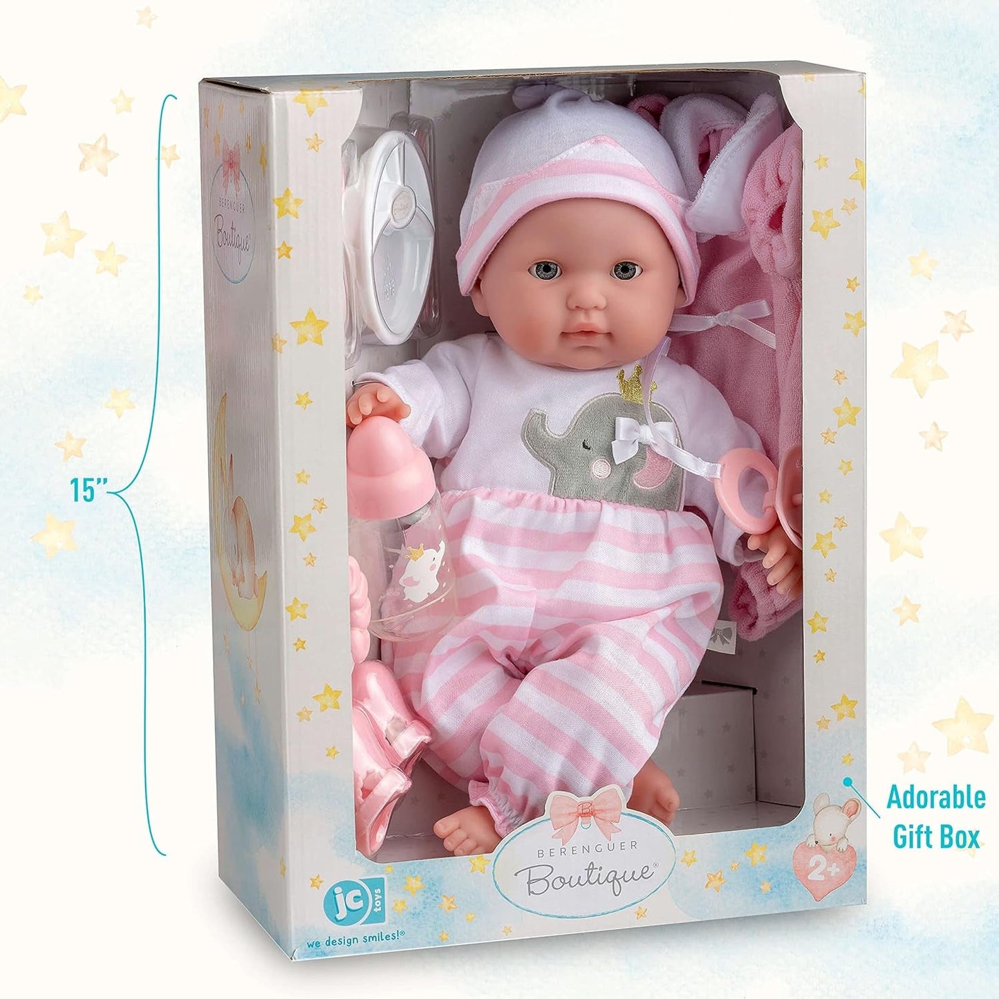 JC Toys - Berenguer Boutique Muñeca Suave y Realista de 38 cm con Boca Abierta/Cerrada, Set de Regalo de 10 Piezas, Biberón, Sonajero, Chupete y Accesorios, Rosa, Edad 2+