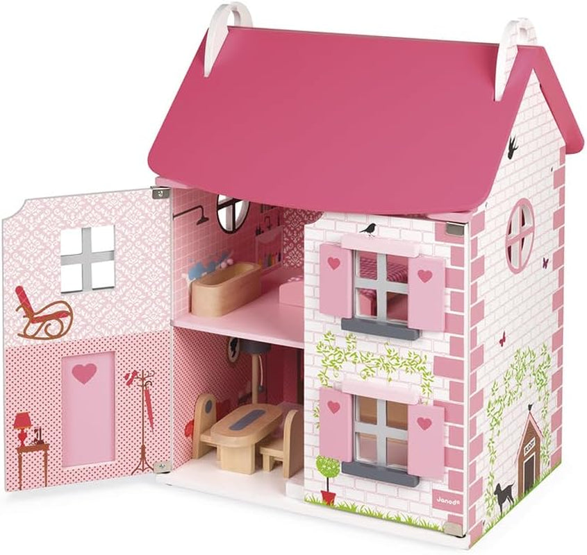 Janod - Casa de Muñecas Mademoiselle de Madera, 3 Pisos y 11 Accesorios, Réplica de Juguete, Desarrolla la Imaginación, A partir de 3 años, J06581, Rosa Naty Shop Casas de Muñecas