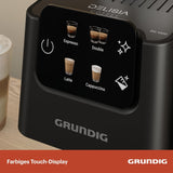 Cafetera espresso con portafiltro GRUNDIG KSM 5330 con depósito de leche integrado, potencia 1628 W, presión de bomba 15 bar, doble boquilla, pantalla táctil a color, BrewSense, CreamyPro, Acero inoxidable oscuro/Negro