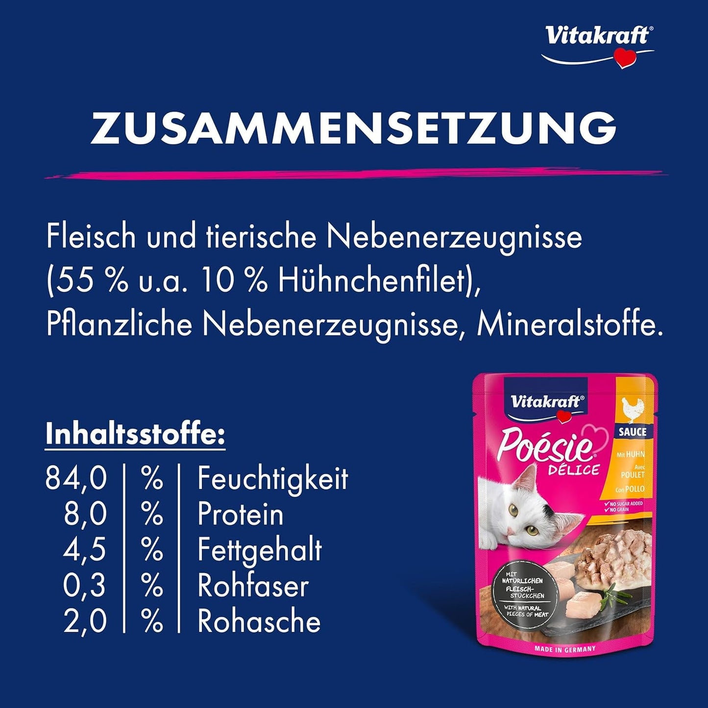 Vitakraft Poésie Délice, Nassfutter Katze, Katzennassfutter en salsa, con pollo, Vorratspackung, ohne Zusatz von Zucker und Getreide (23x 85g)