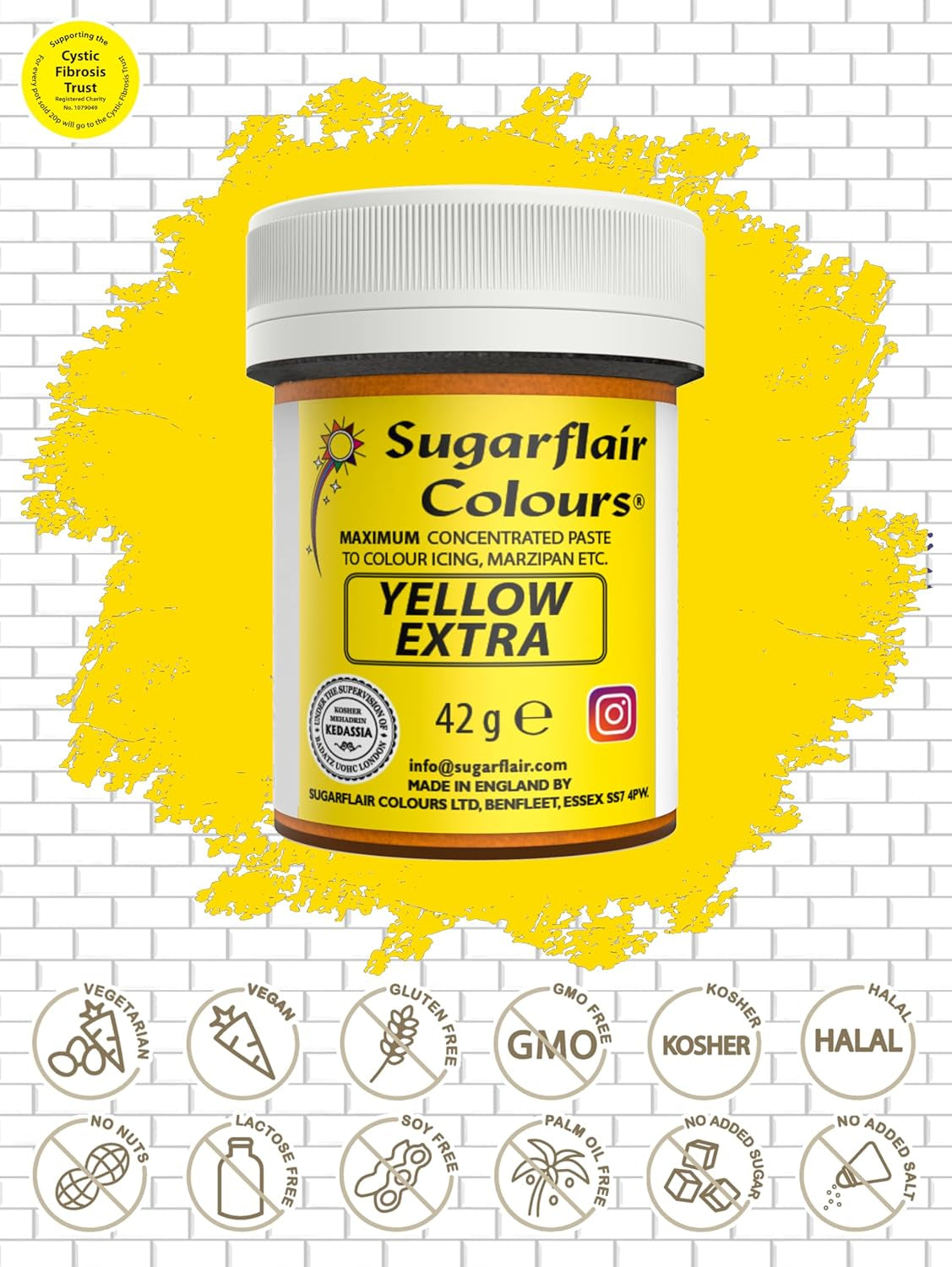 Colorante alimentario Sugarflair Max Concentrated Yellow Extra, colorante alimentario altamente concentrado para mazapán y fondant, colorante en pasta Max Concentrate - 42 g