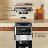 KRUPS Grind Aroma XL Cafetera espresso, Molinillo cónico desmontable, Panel de control digital, Capacidad XL (1,5 L), Función mantener caliente, Jarra de cristal, Negro/Acero inoxidable, KM842810