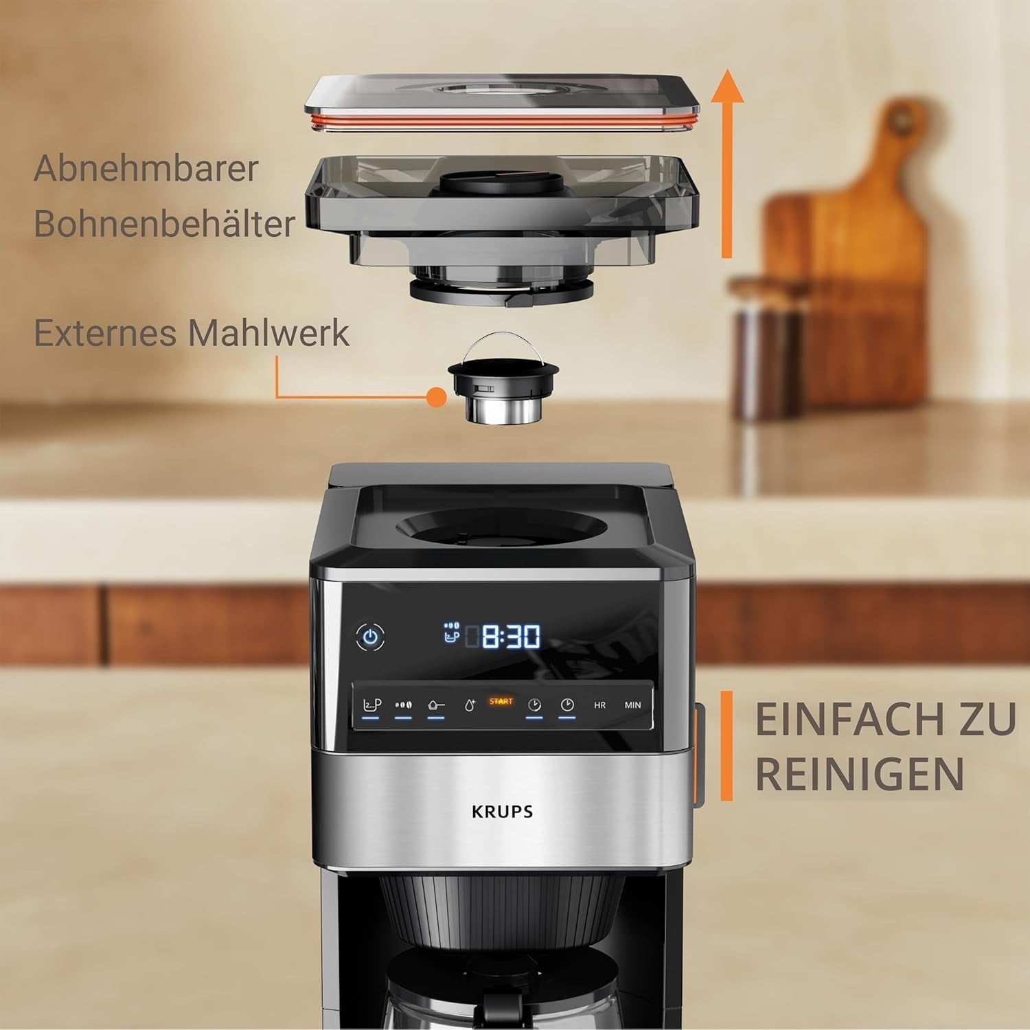 KRUPS Grind Aroma XL Cafetera espresso, Molinillo cónico desmontable, Panel de control digital, Capacidad XL (1,5 L), Función mantener caliente, Jarra de cristal, Negro/Acero inoxidable, KM842810