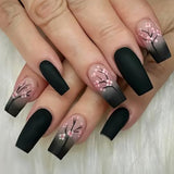 24 Uds. De uñas postizas negras de otoño, prensa francesa, flor rosa, uñas largas, pegamento en uñas postizas, juego de uñas postizas de otoño con accesorios