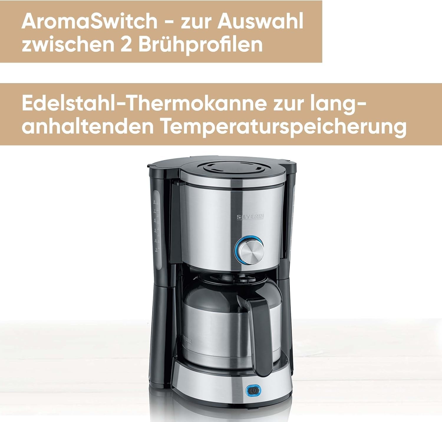 SEVERIN Cafetera espresso "TypeSwitch" con jarra térmica, AromaSwitch para elegir entre 2 perfiles de preparación, cafetera para hasta 10 tazas, 1000W, acero inoxidable cepillado-negro, KA 4845