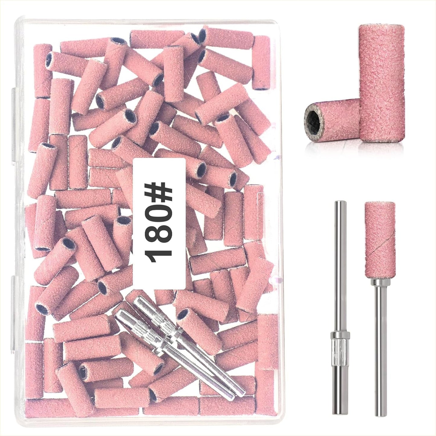 BLESWIN 100 correas de lijado pequeñas para brocas de uñas, grano fino 240 con 2 brocas de 0.118 in, mini correas de lijado para pulir uñas naturales y limpiar cutículas para preparación, rosa