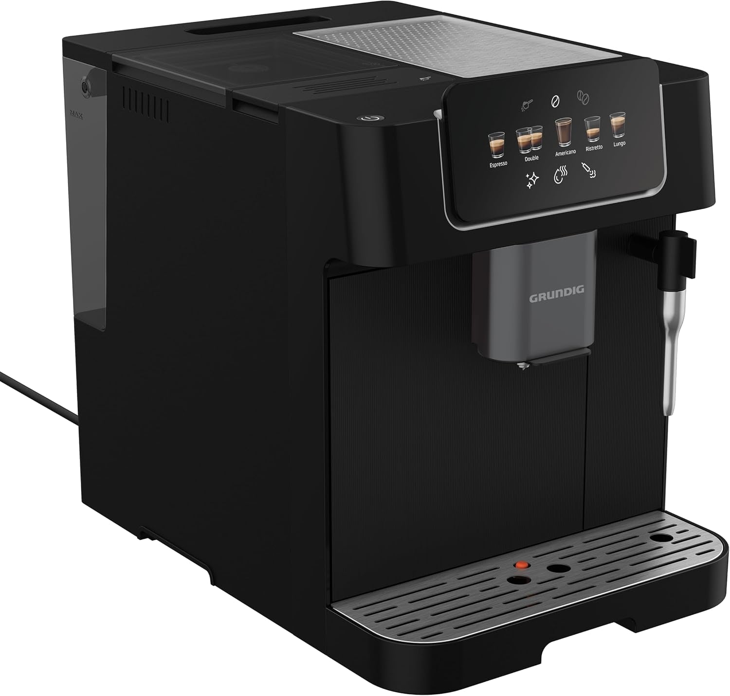 GRUNDIG KVA 6230 Cafetera espresso totalmente automática con espumador de leche, molinillo de acero inoxidable con 13 niveles de molienda, recipiente de granos de 250 g, depósito de agua extraíble de 2 litros, presión de la bomba 19 bar, pantalla táctil, negro