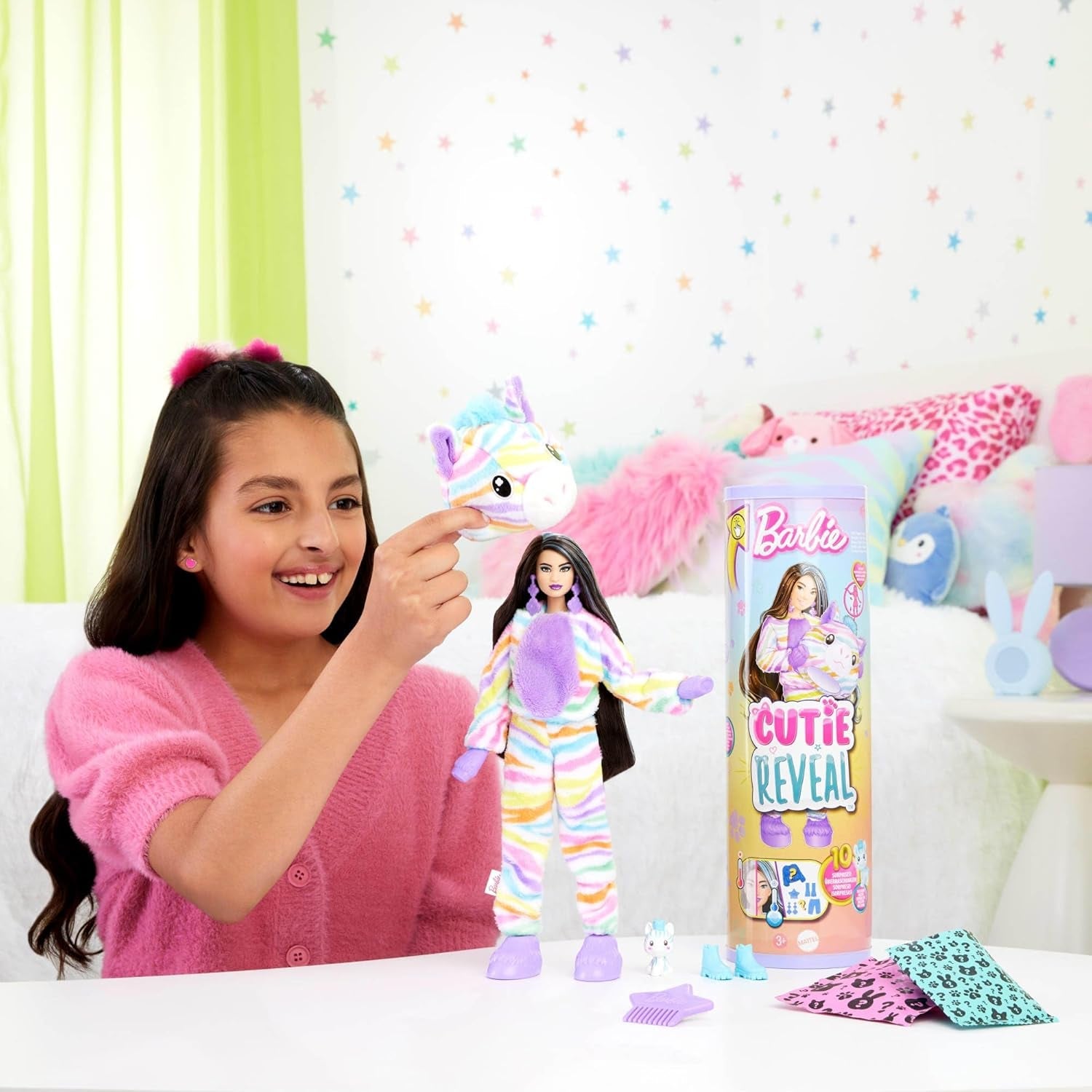 Muñeca Barbie Cutie Reveal y accesorios, conjunto de felpa Rainbow Zebra y 10 sorpresas que cambian de color, gama Color Dream, HRK39