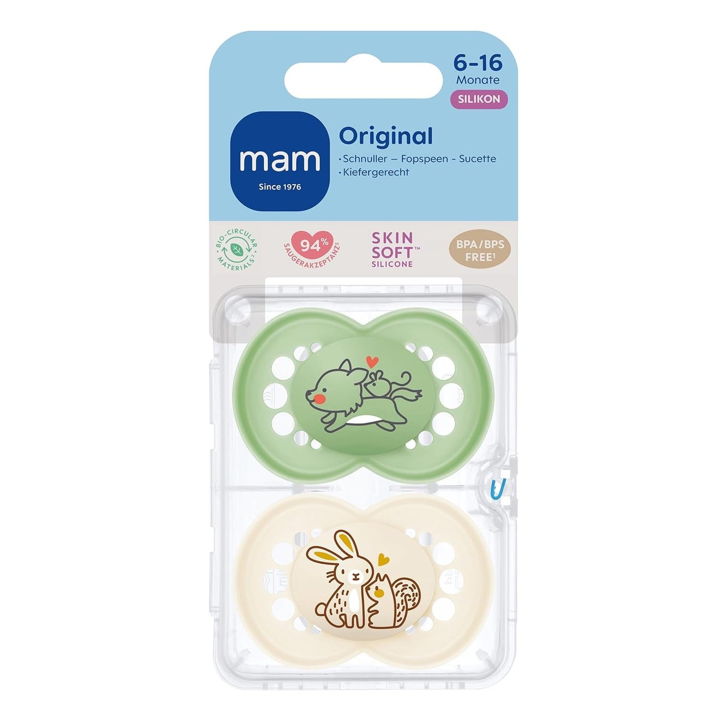 MAM Chupetes originales, paquete de 2, chupetes que no dañan los dientes, fabricados con materiales sostenibles y bioregenerables, tetinas de silicona MAM SkinSoft, con caja para chupete, 6-16 meses, lobo/conejo