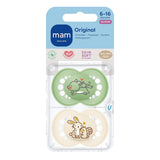 MAM Chupetes originales, paquete de 2, chupetes que no dañan los dientes, fabricados con materiales sostenibles y bioregenerables, tetinas de silicona MAM SkinSoft, con caja para chupete, 6-16 meses, lobo/conejo