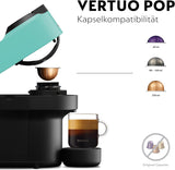 Cafetera espresso con cápsulas Nespresso Krups Vertuo Pop, capacidad: 560 ml, reconocimiento automático de cápsulas, sistema one-touch, 4 tamaños de taza, tiempo de calentamiento reducido, sostenible, Aqua Mint, XN9204