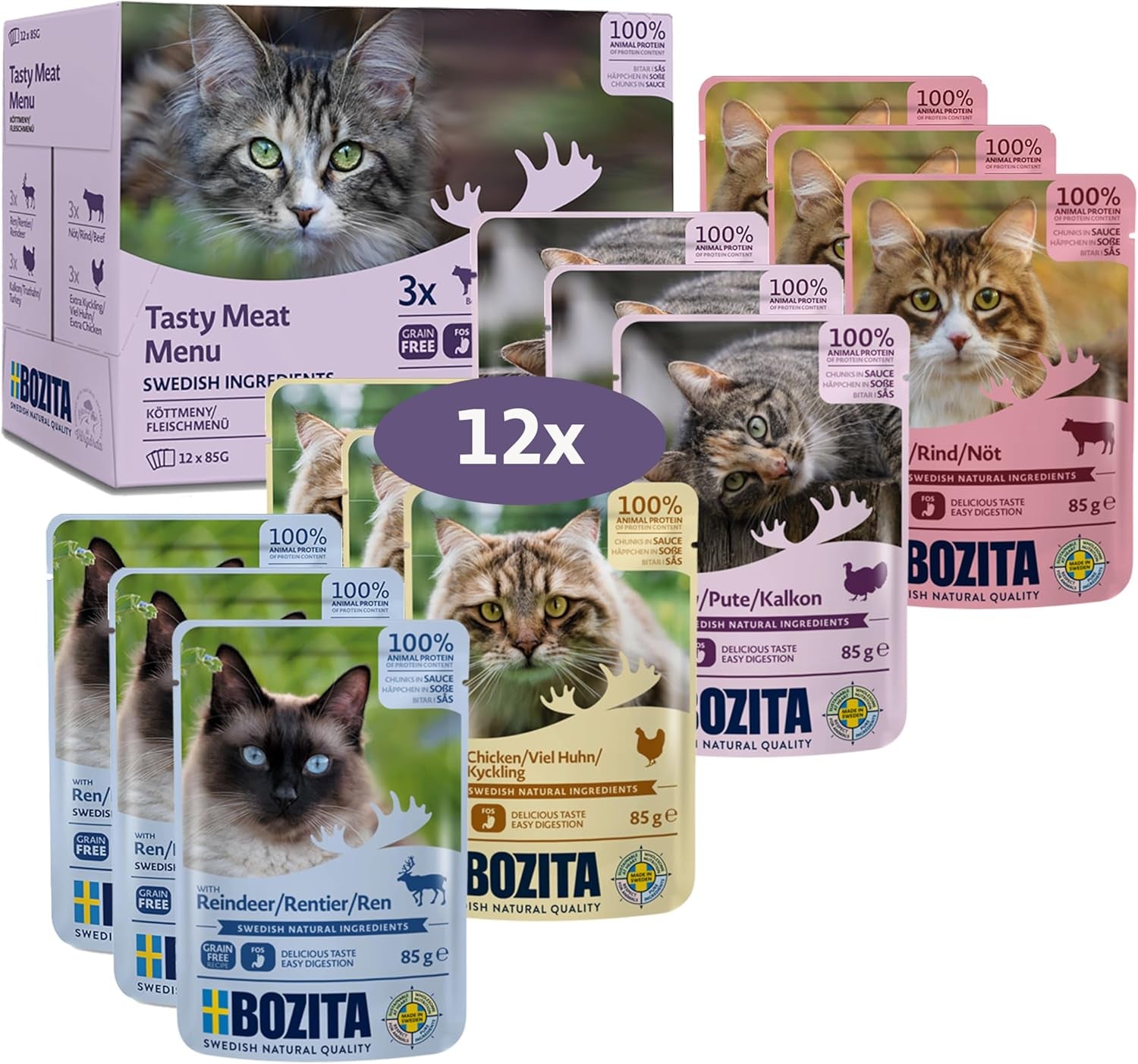Bozita Comida húmeda para gatos en trozos en salsa de carne - 12 sobres x 85g Comida húmeda para gatos sin cereales ni trigo - Comida húmeda para gatos adultos con 8,5% de proteínas y 4,5% de grasas