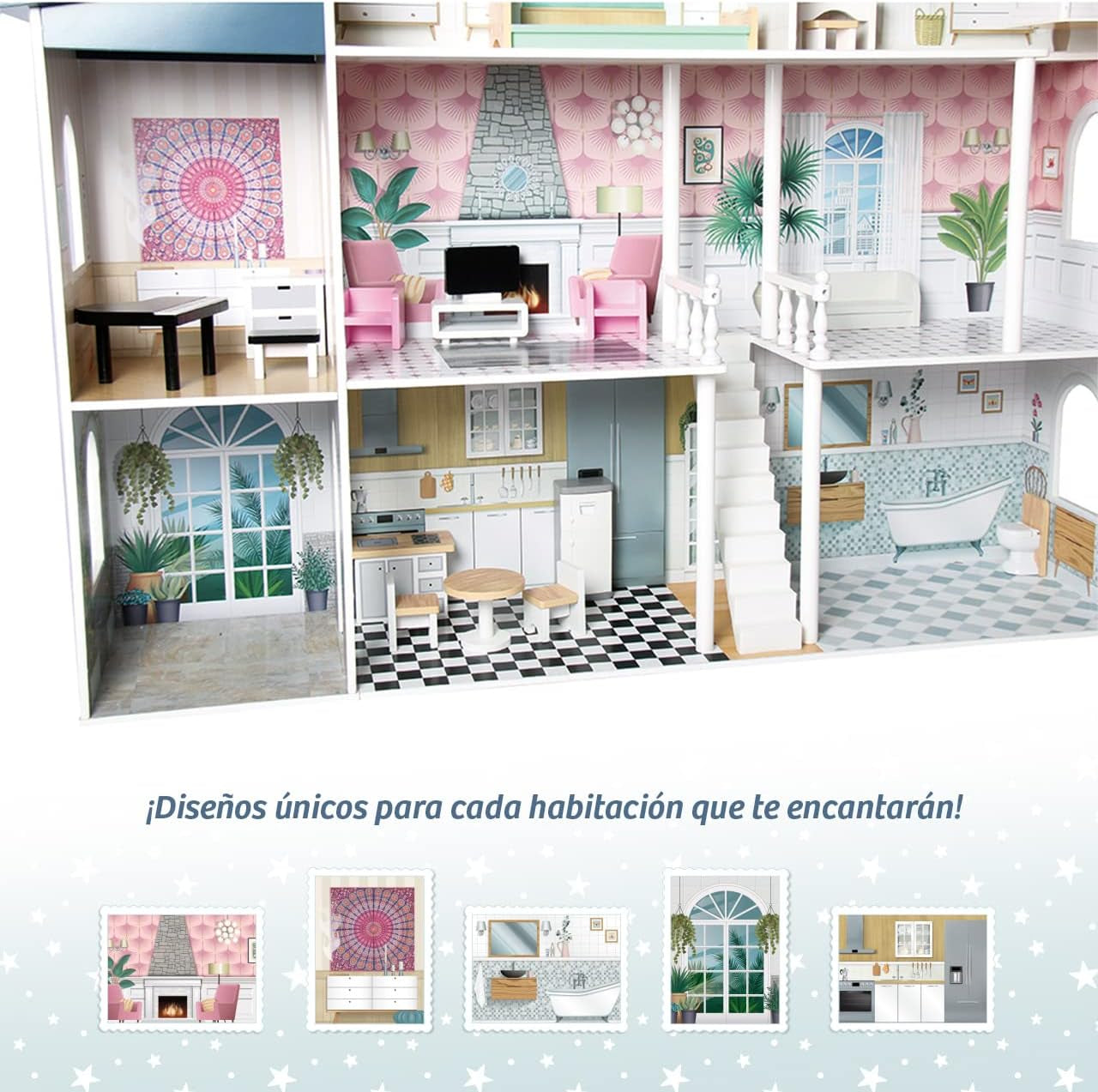 Deqube 913D00016 Casa de muñecas de madera, 4 plantas, Premium