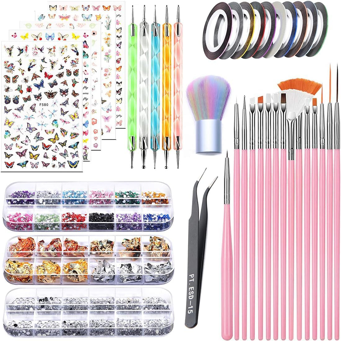 Juego de pegatinas y accesorios para uñas, 5 pegatinas para uñas, cepillo, piedras, cinta decorativa, lámina dorada, perfecto para manicura y uñas de gel, juego de 50 piezas