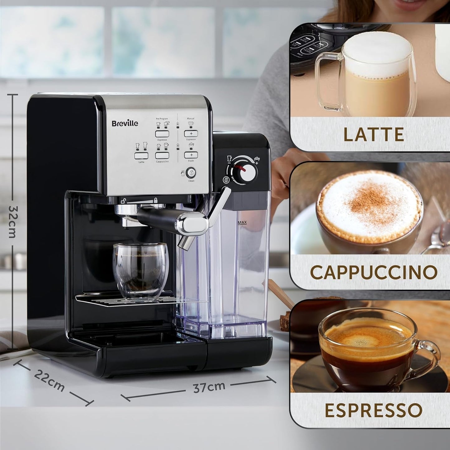 Café exprés Bréville Prima Latte II | Máquina de café con leche y capuchino | Bomba profesional con 15 bar y espumador de leche | Plata [VCF108X]