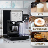 Café exprés Bréville Prima Latte II | Máquina de café con leche y capuchino | Bomba profesional con 15 bar y espumador de leche | Plata [VCF108X]