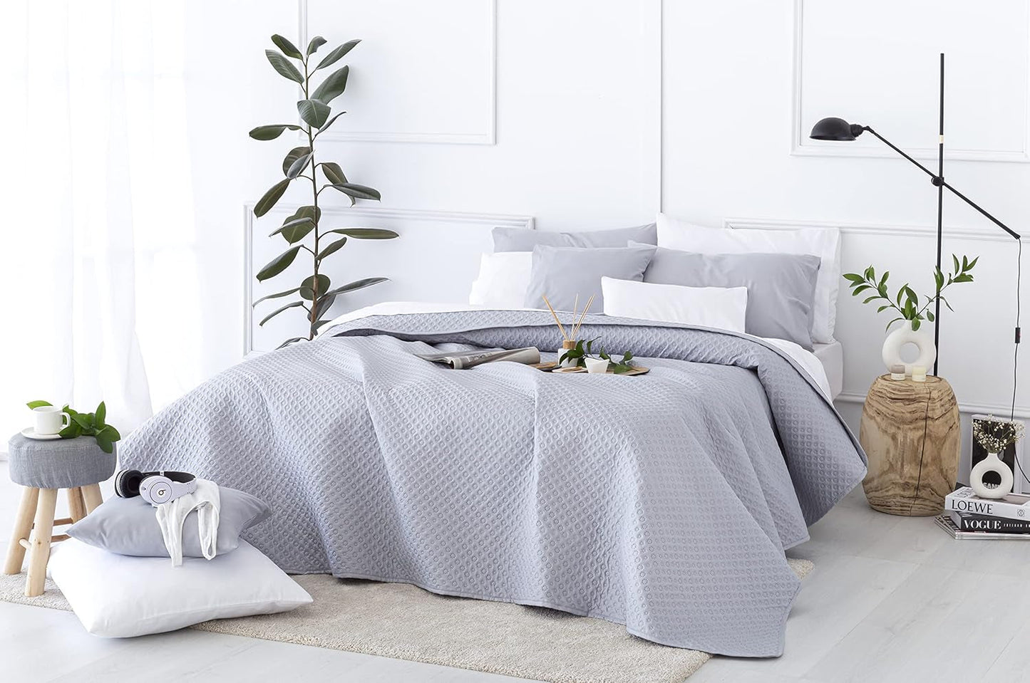 Todocama Fine Boutique Colcha con estampado de piqué, para primavera, verano, otoño e invierno, 100% microfibra súper suave, manta multifuncional, 140/150/160-250 X 260 cm, gris claro Camas y Mantas Beuche den Todocama-Store